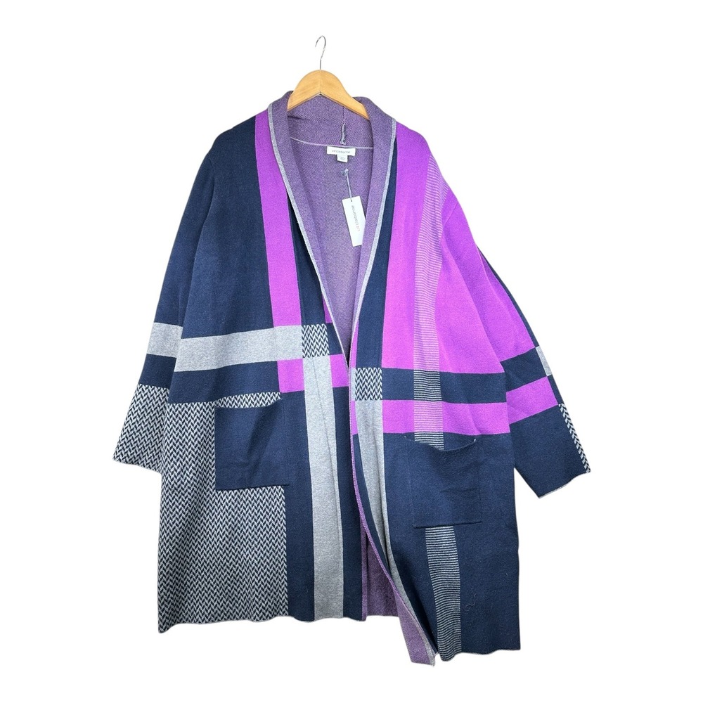 New Liz Claiborne Open Plaid Print Cardigan size 2X Purple/Navy/Gray